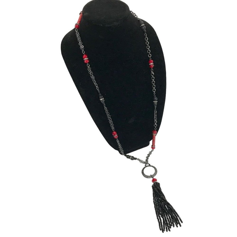 Black Beaded 35" Strand Necklace Red Accents Tassel 6.5" Dramatic
